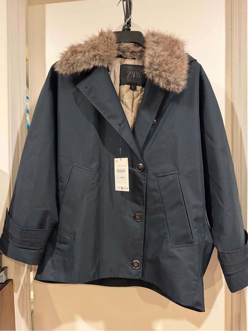 Zara Women Faux Fur collar Trench Coat Dark Navy